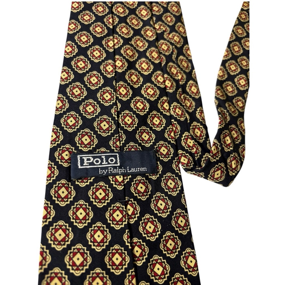VTG Polo Ralph Lauren Silk Geometric Pattern Tie Black Red Gold Diamond USA Made - Picture 2 of 5